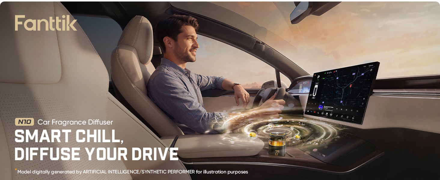 Man sitting in a car with a car fragrance diffuser on the dashboard, featuring the brand 'Fanttik'.