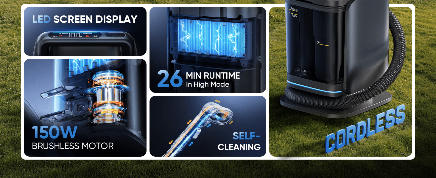 Fanttik Textra 11 Apex Cordless Carpet and Upholstery Cleaner with features highlighted on a green grass background