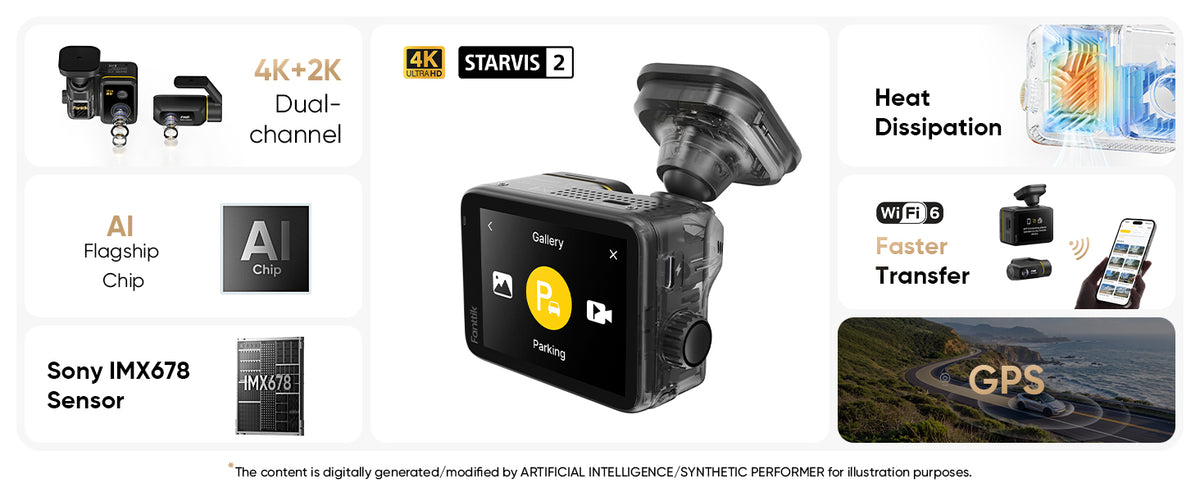 This is a comprehensive selling point chart of Fanttik Luma K10 Apex 4K Dashcam, showcasing 4K + 2K Dual-channel, AI Flagship Chip, Sony IMX678 Sensor, Velox UI™, Heat Dissipation, Faster Transfer, and GPS functionality.