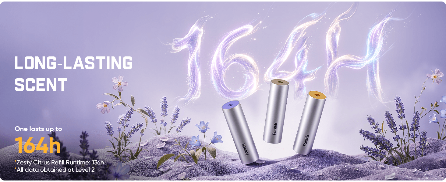 Three cylindrical battery/power bank devices standing upright on a stylized lavender and purple landscape with flowers and glowing '164H' text in the background. Large text on the left reads 'LONG-LASTING SCENT' and 'One lasts up to 164h'.