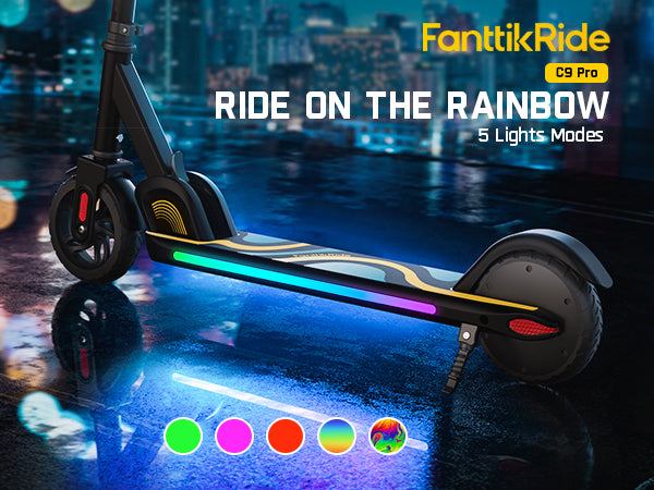 FanttikRide C9 Pro Electric Scooter for Kids Ages 8-12, Colorful Rainbow Lights, 5/8/10MPH, 5 Miles Range, LED Display, Adjustable Height, Foldable, Gifts for Boys and Girls up to 132 lbs