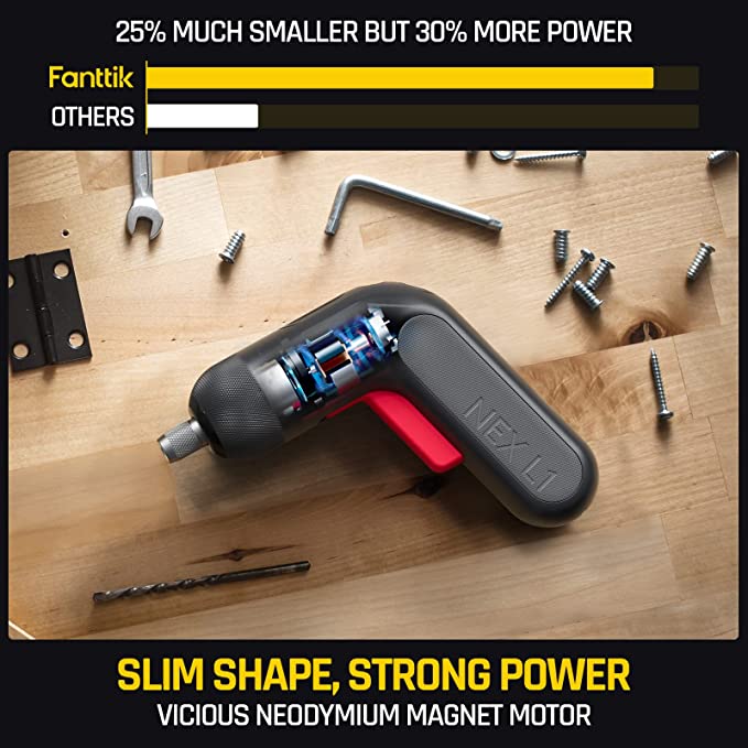 Fanttik NEX L1 Pro electric screwdriver with exposed motor, scattered screws and tools in background, highlighting 25% smaller size but 30% more power and neodymium magnet motor.