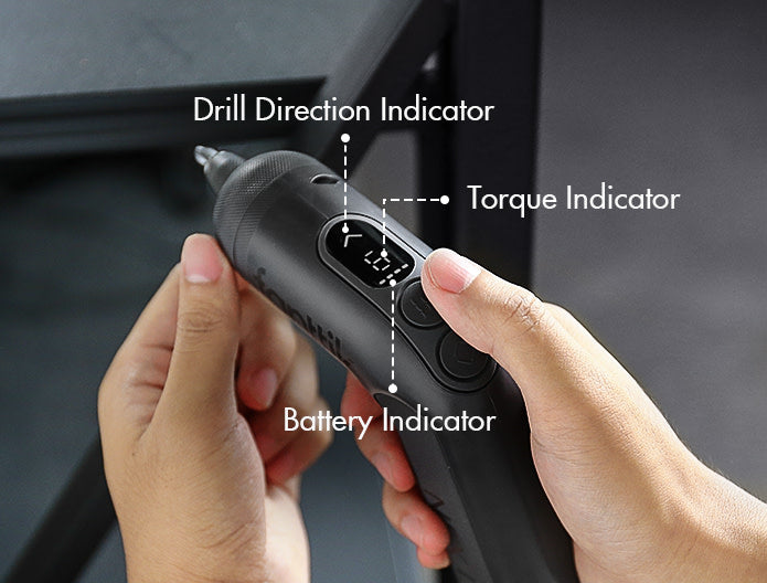 Unique visual display screen shows the current torque setting, rotation direction and battery level.