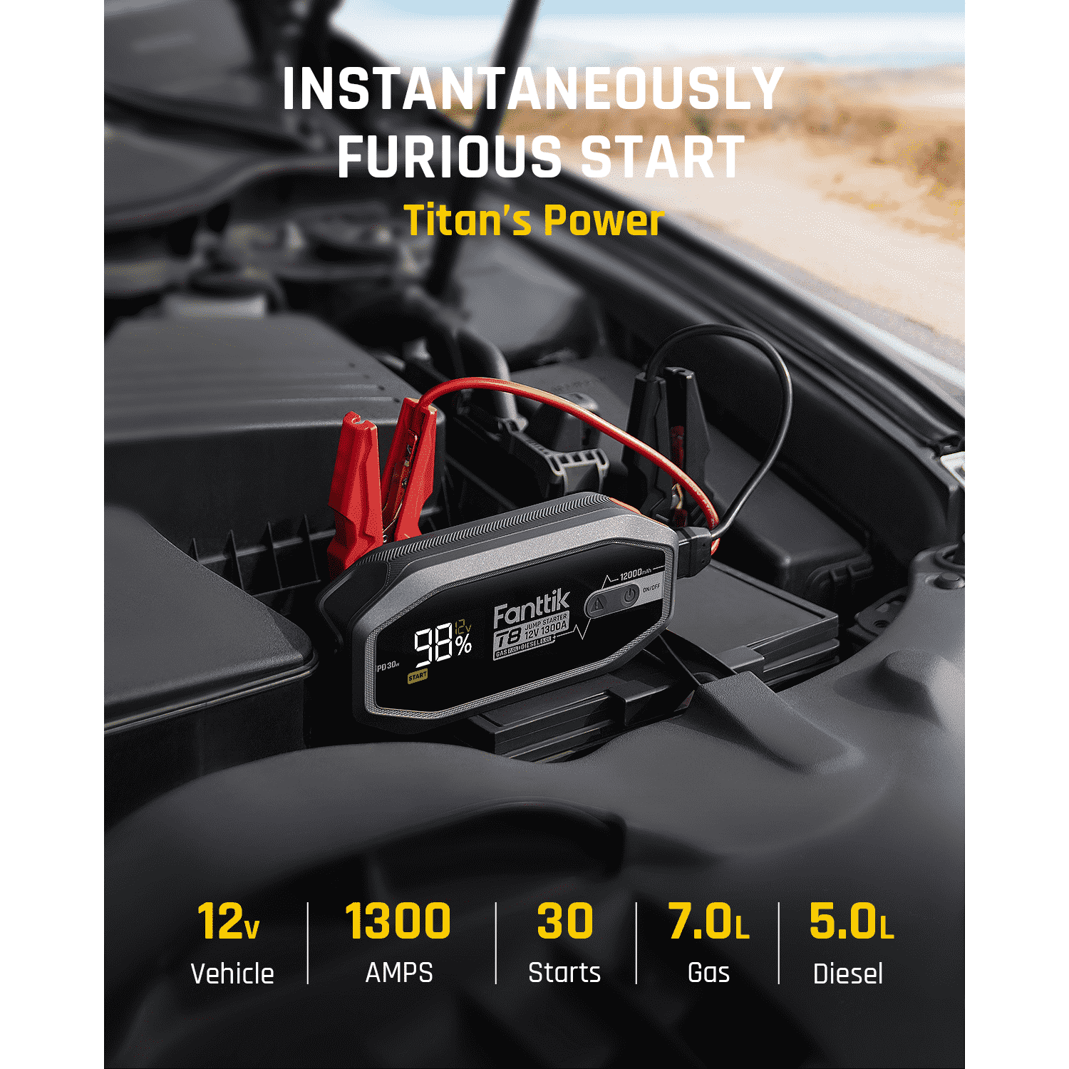 Fanttik T8 1300 Amp Jump Starter, 12000mAh Car Battery Pack for Up to 7.0L Gasoline and 5.0L Diesel Engines with LED Display, 30W Fast Charging, 12V Extreme Safe Lithium Portable Jump Starter