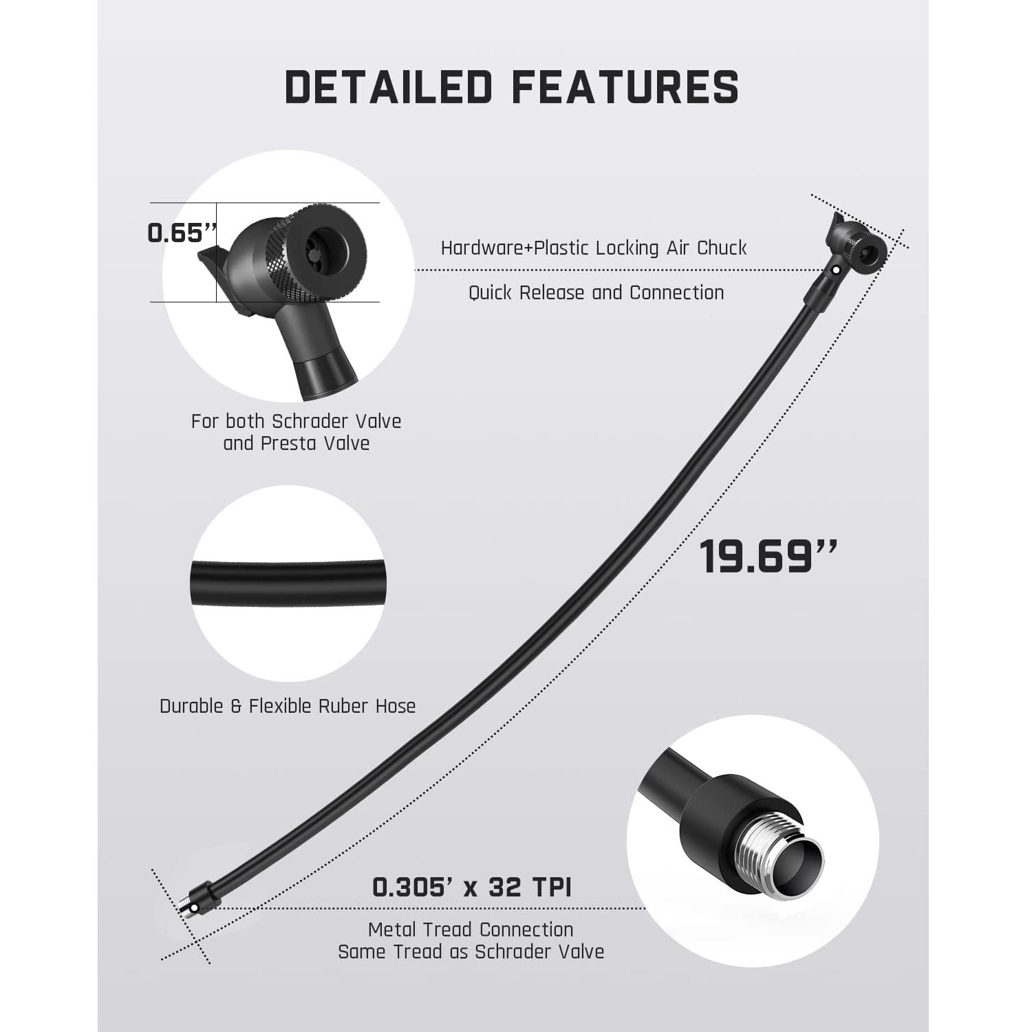 Made from rubber material, this air pump hose adapter is more textured, flexible and durable with the total length 19.69’’