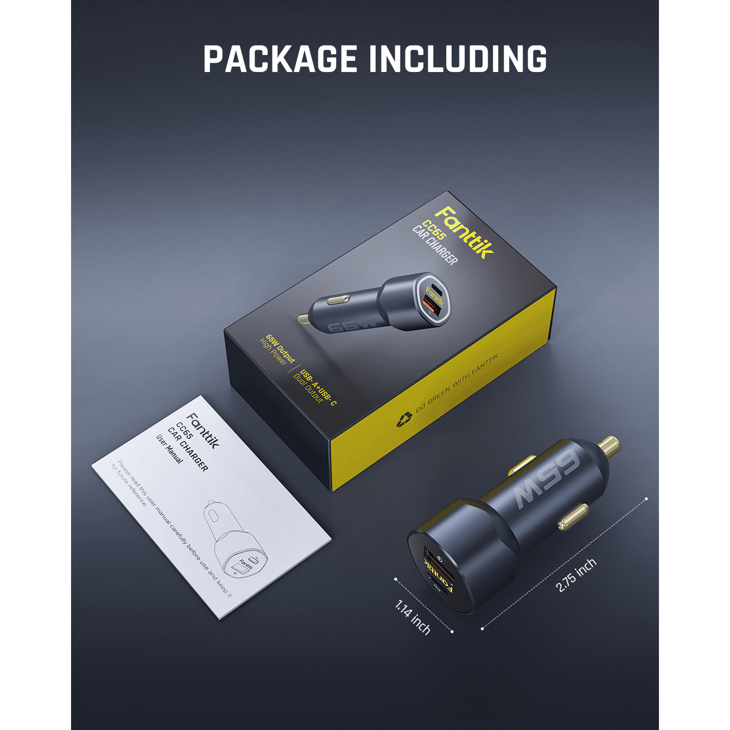 Fanttik USB C Car Charger, 65W Dual Port Fast Charging Car Adapter