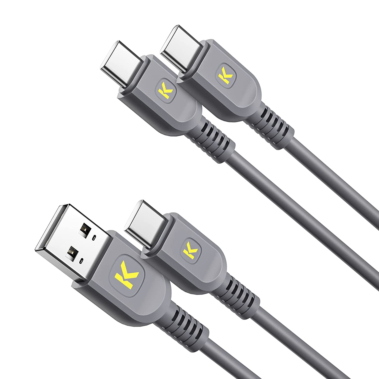 Fanttik T8 Apex USB-A to USB-C and USB-C to USB-C cables with yellow 'K' logo on each connector.
