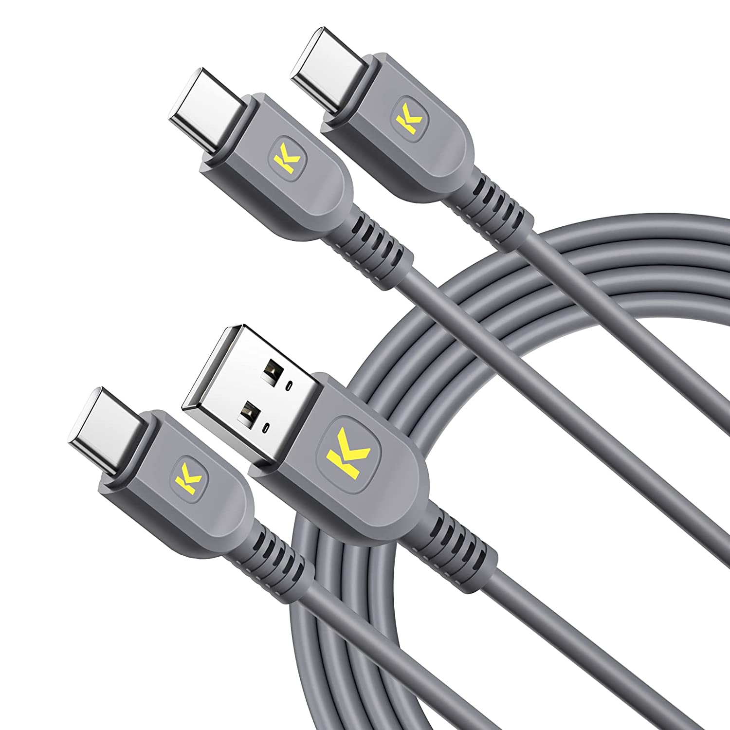Fanttik T8 APEX grey USB Type-C to Type-C and USB Type-A to Type-C cable set with 'K' logo on connectors