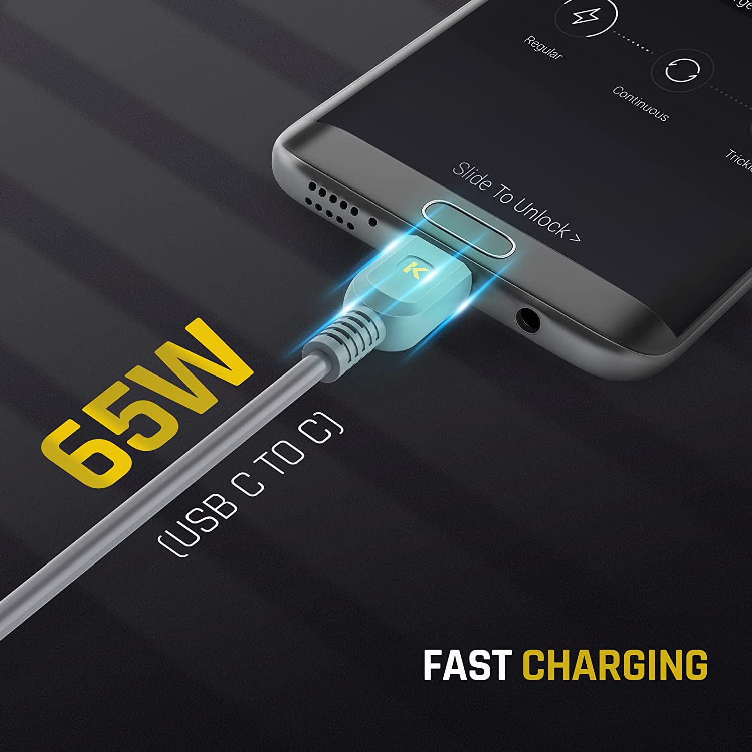 Smartphone connected with 65W USB C to USB C cable, screen showing 'Slide to Unlock', highlighting fast charging feature