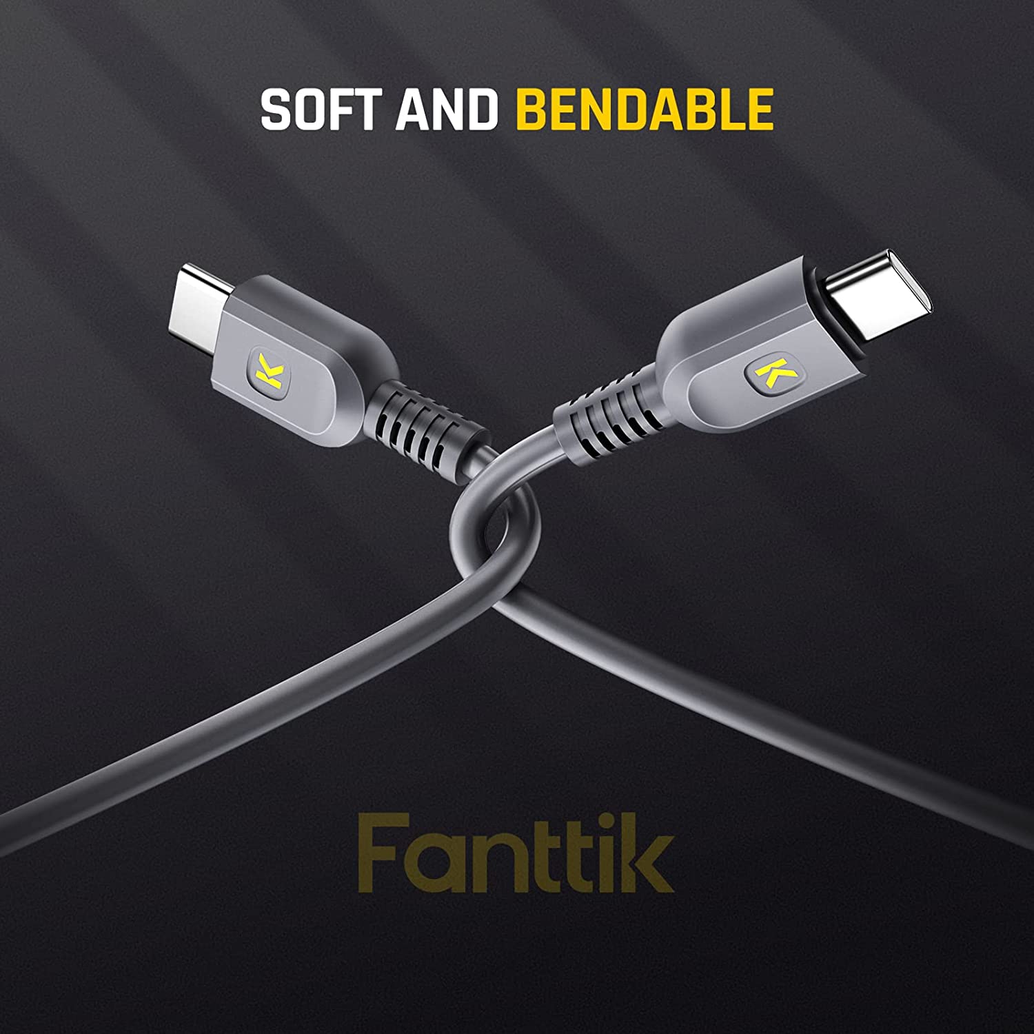 Fanttik soft and bendable USB-C cables crossed against a dark background with text emphasizing flexibility and durability.