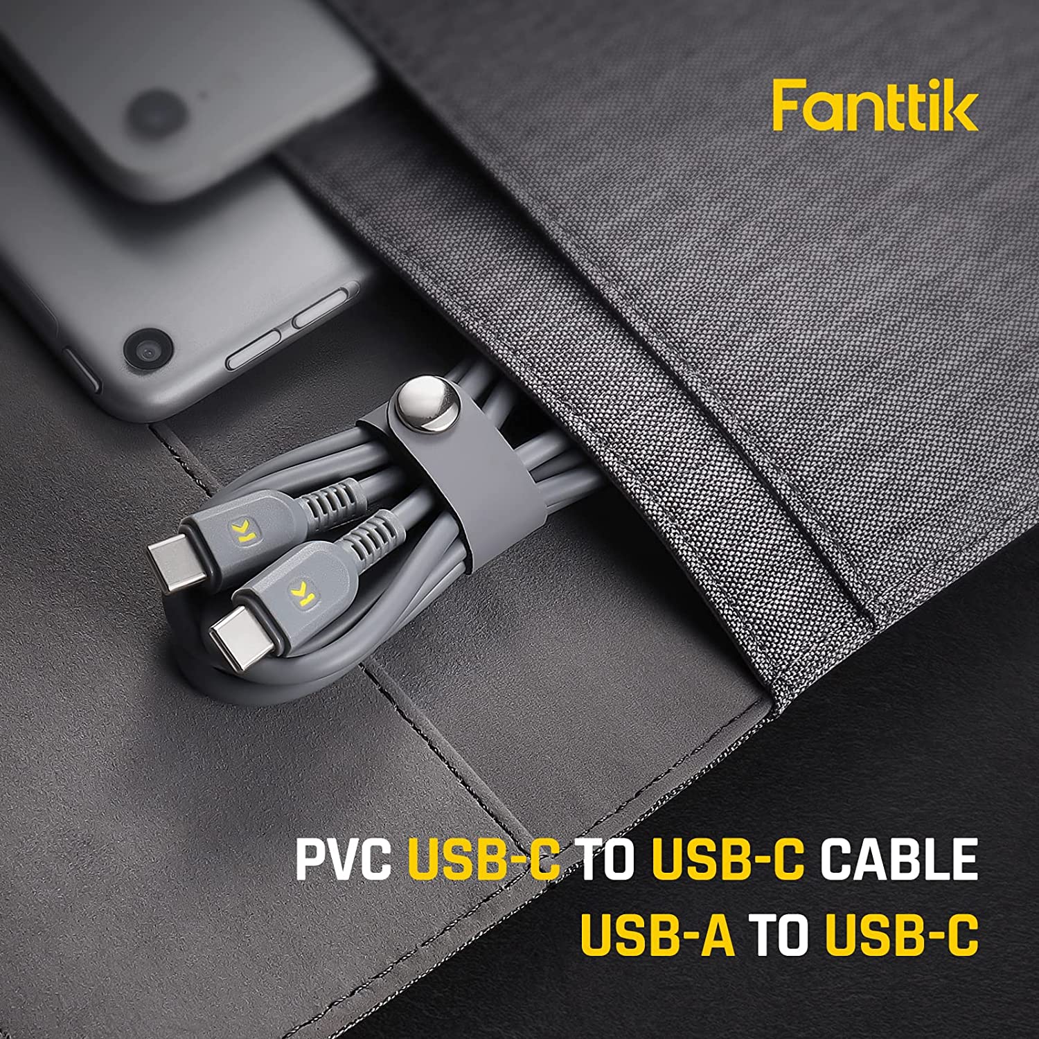 Fanttik USB-C to USB-C and USB-A to USB-C cables organized in a grey fabric bag along with smartphones. Text reads 'PVC USB-C to USB-C cable USB-A to USB-C'.