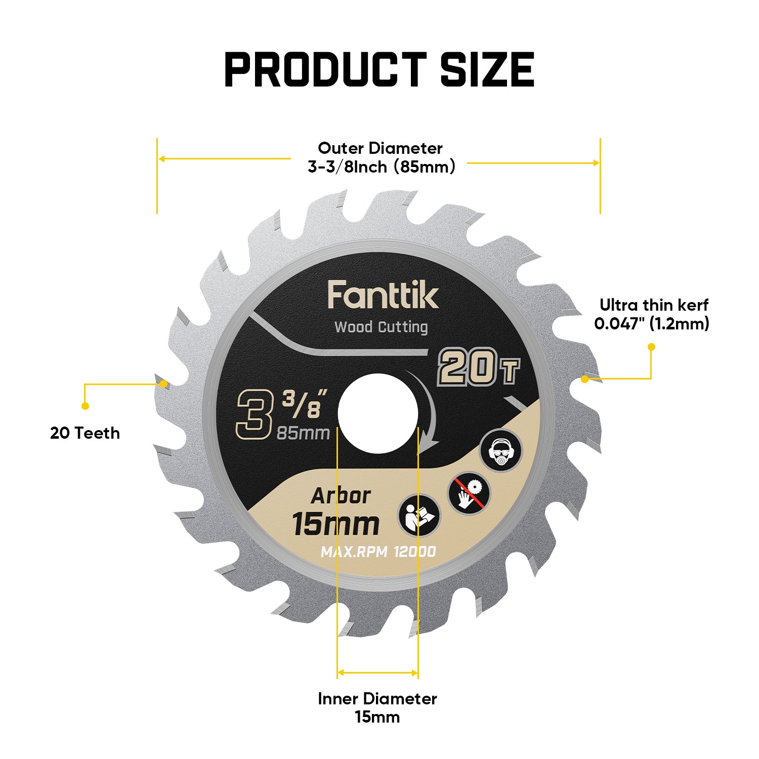 Product size diagram of a Fanttik 3 3/8 inch circular saw blade, showing outer diameter, inner diameter, arbor diameter, teeth count, and kerf thickness with measurement labels on a white background.