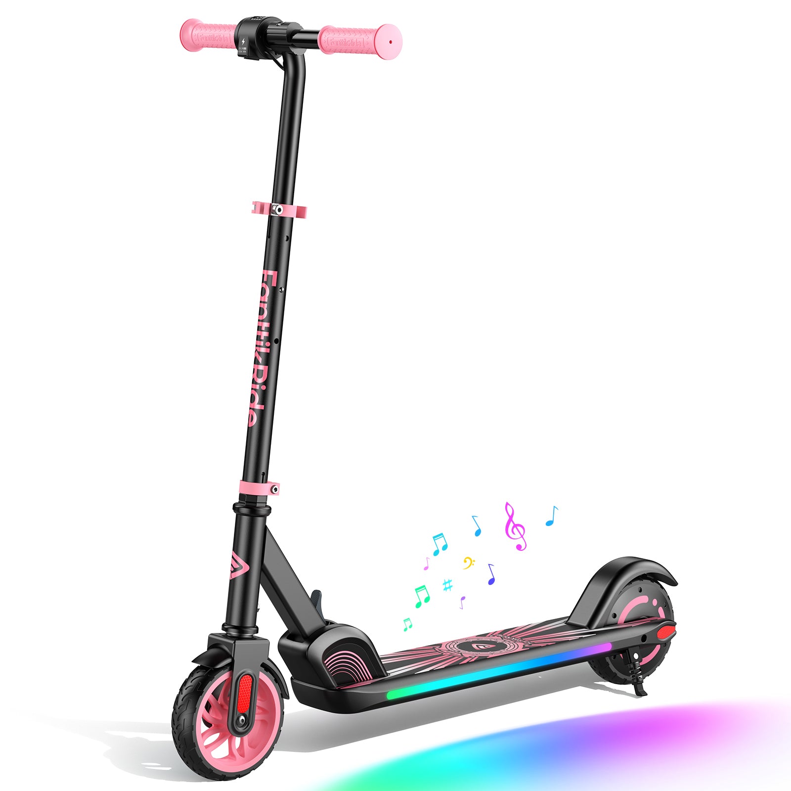 FanttikRide C9 Apex Electric Scooter for Kids Ages 8-12, Bluetooth Music Speaker, Colorful Rainbow Lights, 5/8/10MPH, 5 Miles Range, Adjustable Height, Foldable, Gift for Teens up to 132 lbs, Pink