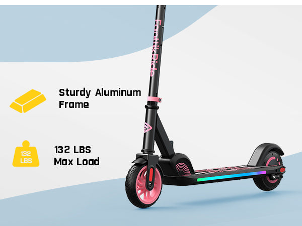 FanttikRide C9 Apex Electric Scooter for Kids Ages 8-12, Bluetooth Music Speaker, Colorful Rainbow Lights, 5/8/10MPH, 5 Miles Range, Adjustable Height, Foldable, Gift for Teens up to 132 lbs, Pink