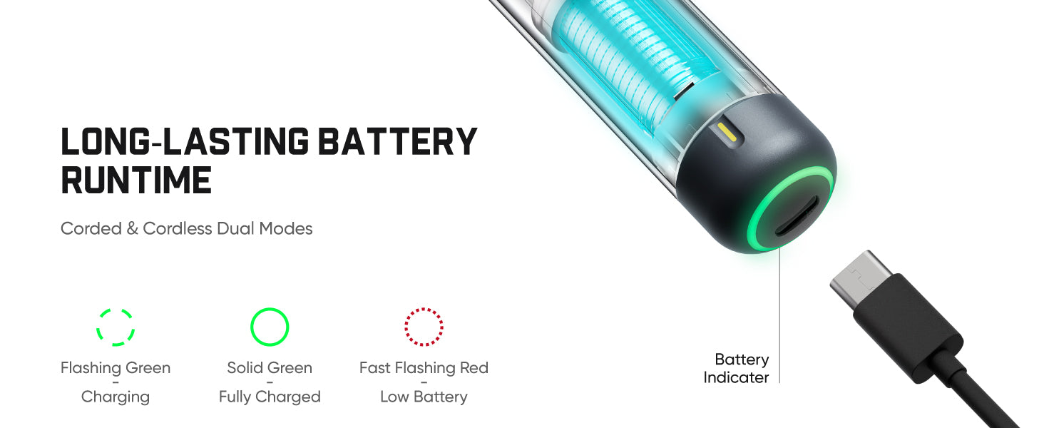 A Fanttik Electric Detail Sander with a transparent body showing a glowing blue internal light, a black circular end with a green indicator ring, and a USB-C cable shown beside it. Text on the left reads 'LONG-LASTING BATTERY RUNTIME' with icons for charging states and a battery indicator callout.