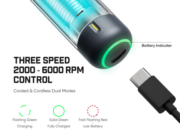 A Fanttik Electric Detail Sander with a transparent body showing a glowing blue internal light, a black circular end with a green indicator ring, and a USB-C cable shown beside it. Text on the left reads 'LONG-LASTING BATTERY RUNTIME' with icons for charging states and a battery indicator callout.