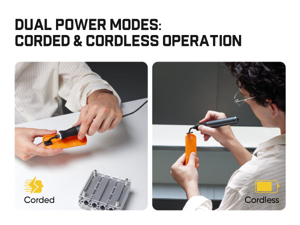 Promotional graphic showing a dual power mode product in use: on the left, hands using an orange handheld device corded at a white table, and on the right, a person using the same orange handheld device cordless against a dark gray wall. Large text at the top reads 'DUAL POWER MODES: CORDED & CORDLESS OPERATION,' with 'Corded' and 'Cordless' labels below each panel.
