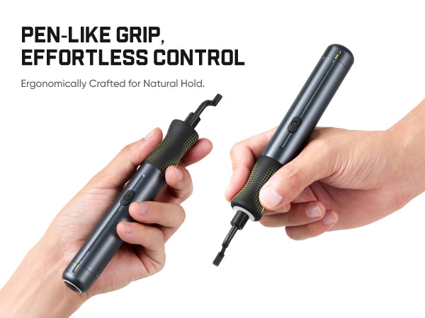 Two hands holding a pen-like detail Sander against a white background, with marketing text at the top reading 'PEN-LIKE GRIP, EFFORTLESS CONTROL' and 'Ergonomically Crafted for Natural Hold.'.
