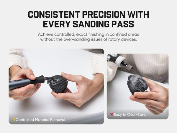 Promotional graphic for a rotary sanding tool, showing two inset photos of hands using the black handheld device on a dark stone to demonstrate controlled material removal and over-sanding prevention, with headline text above.