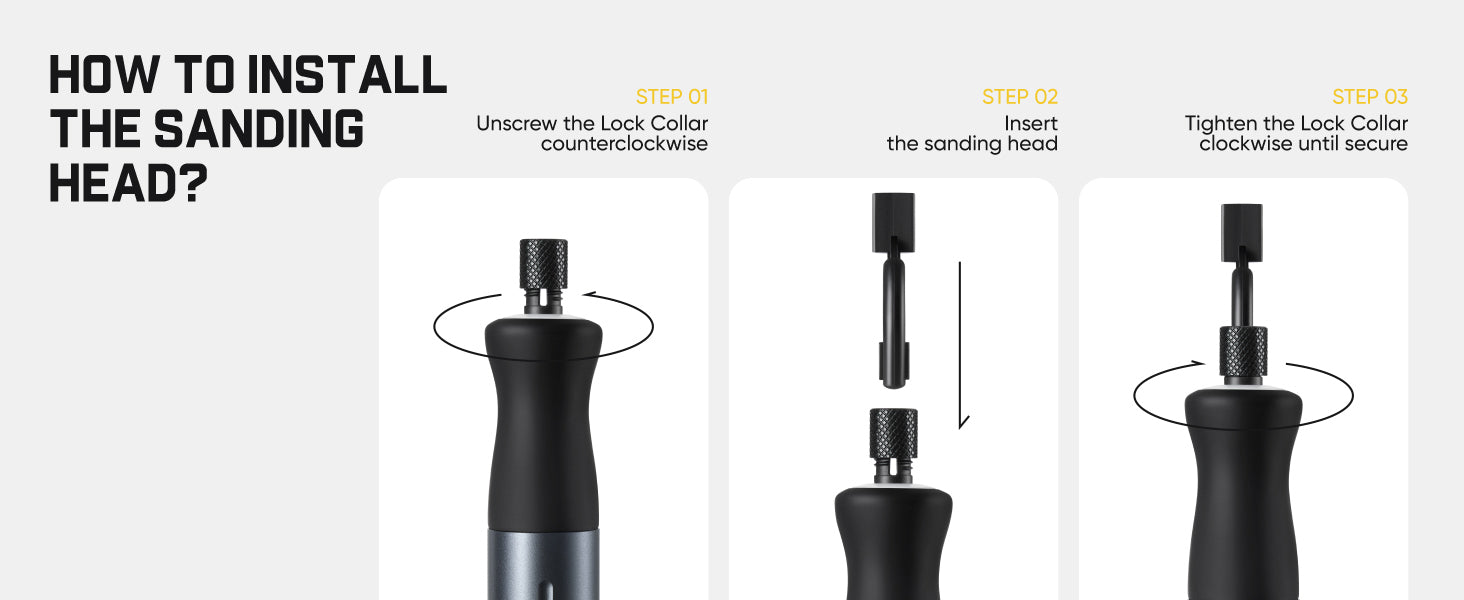 Instruction diagram showing how to install the sanding head on a drill, with three labeled steps: unscrew the lock collar counterclockwise, insert the sanding head, and tighten the lock collar clockwise until secure.