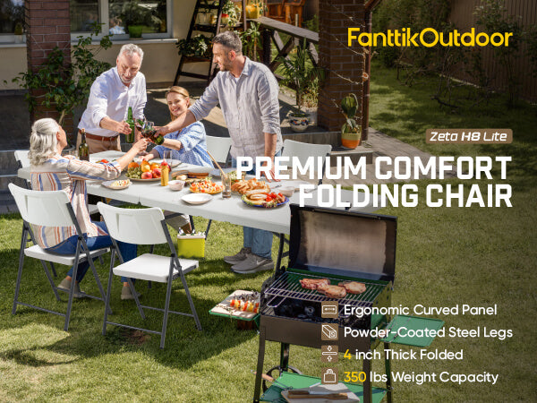 FanttikOutdoor Portable Plastic Folding Chair, Indoor Outdoor Comfortable Sturdy Office Seat with Steel Frame, 350 lbs Capacity for Home, Party, Wedding, Garden, Stadium, 4-Pack, White Zeta H8 Lite