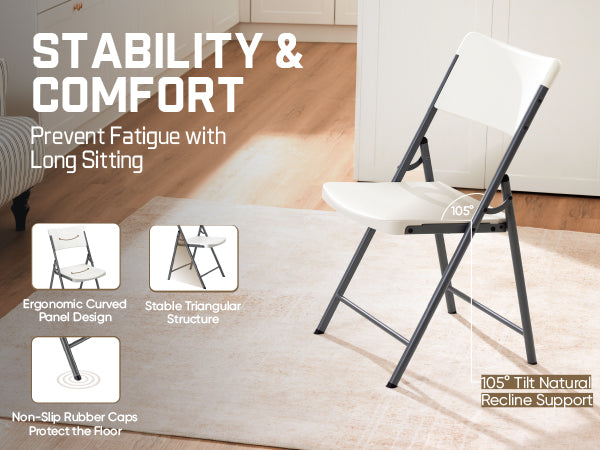 FanttikOutdoor Portable Plastic Folding Chair, Indoor Outdoor Comfortable Sturdy Office Seat with Steel Frame, 350 lbs Capacity for Home, Party, Wedding, Garden, Stadium, 4-Pack, White Zeta H8 Lite