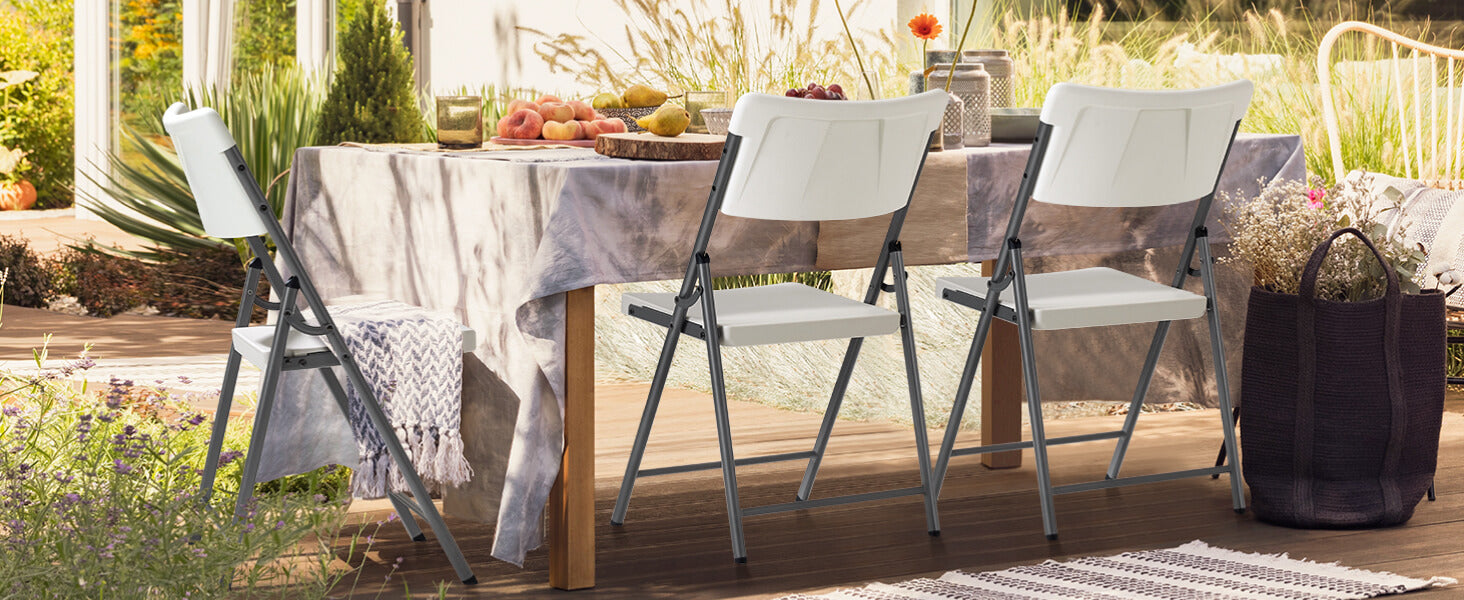 FanttikOutdoor Portable Plastic Folding Chair, Indoor Outdoor Comfortable Sturdy Office Seat with Steel Frame, 350 lbs Capacity for Home, Party, Wedding, Garden, Stadium, 4-Pack, White Zeta H8 Lite