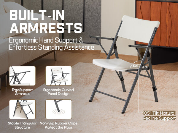 FanttikOutdoor Portable Plastic Folding Chair, Armrest, Indoor Outdoor Heavy Duty Office Seat with Steel Frame, 350 lbs Capacity for Home, Party, Wedding, Garden, Stadium, 2-Pack, White Zeta H8 Ultra