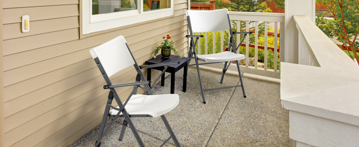 FanttikOutdoor Portable Plastic Folding Chair, Armrest, Indoor Outdoor Heavy Duty Office Seat with Steel Frame, 350 lbs Capacity for Home, Party, Wedding, Garden, Stadium, 2-Pack, White Zeta H8 Ultra