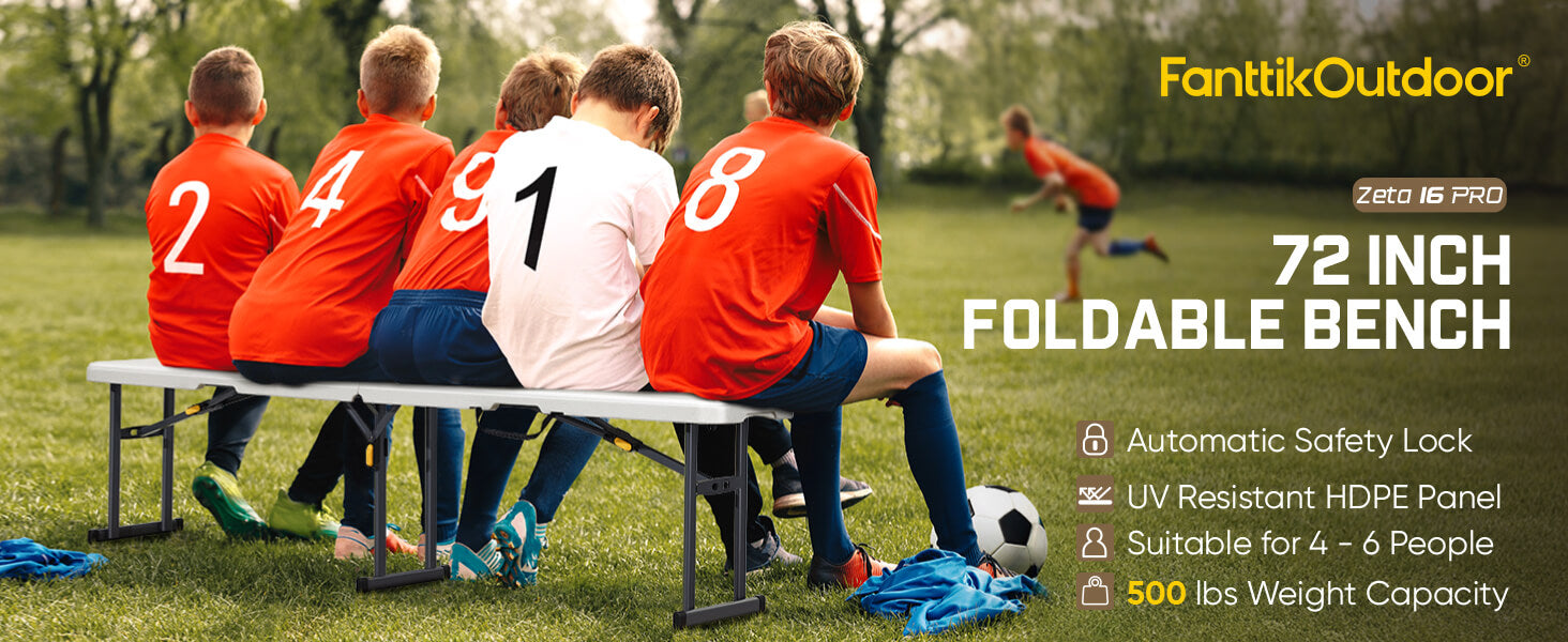 FanttikOutdoor 6ft Plastic Folding Bench with Safety Lock Carrying Handle, Portable Indoor Outdoor Bench for Party, Dining, Camping, Garden, Soccer Activities, No Assembly, 1 Pack, White Zeta I6 Pro