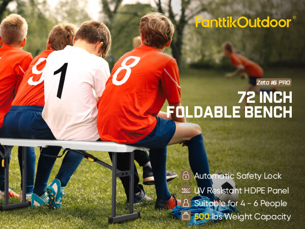 FanttikOutdoor 6ft Plastic Folding Bench with Safety Lock Carrying Handle, Portable Indoor Outdoor Bench for Party, Dining, Camping, Garden, Soccer Activities, No Assembly, 1 Pack, White Zeta I6 Pro