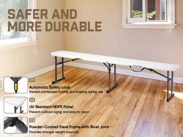 FanttikOutdoor 6ft Plastic Folding Bench with Safety Lock Carrying Handle, Portable Indoor Outdoor Bench for Party, Dining, Camping, Garden, Soccer Activities, No Assembly, 1 Pack, White Zeta I6 Pro