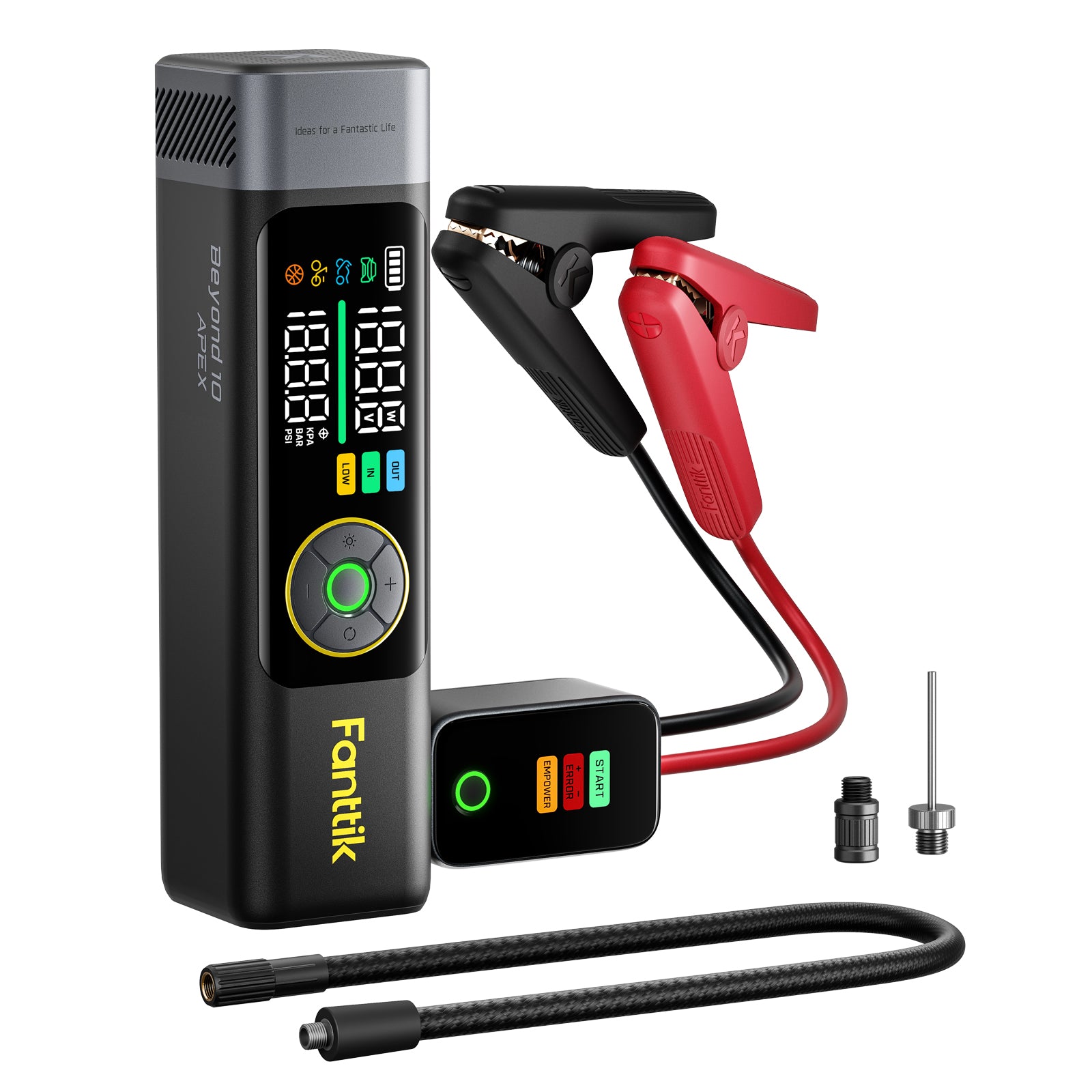 A Fanttik portable  Beyond 10 Apex 1800 Amp Jump Starter shown on a clean white background. The main unit is a tall black rectangular device with a digital LCD screen, green and yellow display elements, and a green circular button.