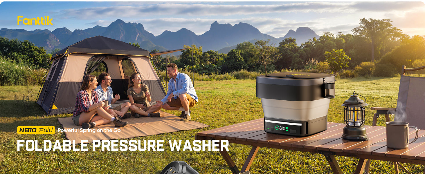 Fanttik NB10 Fold Cordless Electric Pressure Washer, Foldable Sprayer Washer w/3.2gal Tank, HD LED Display, 5-in-1 Nozzle, Max 220PSI, with Camping Light, Type-C Charging, for Patio, Camping