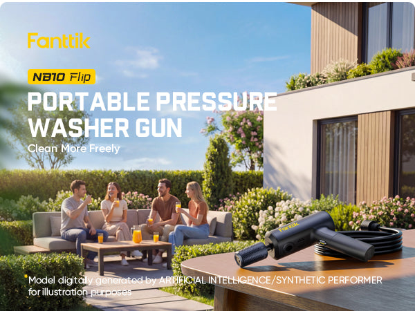 Portable pressure washer gun with Fanttik branding in a garden setting