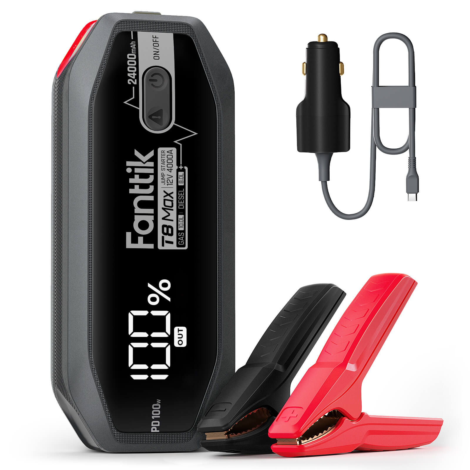 FANTTIK T8 MAX Upgrade 4000 Amp Jump Starter, 24000mAh Car Battery Pack for Up to 10.0L Gasoline and 8.0L Diesel Engines with LED Display, 100W Fast Charging, 12V Extreme Safe Lithium Portable