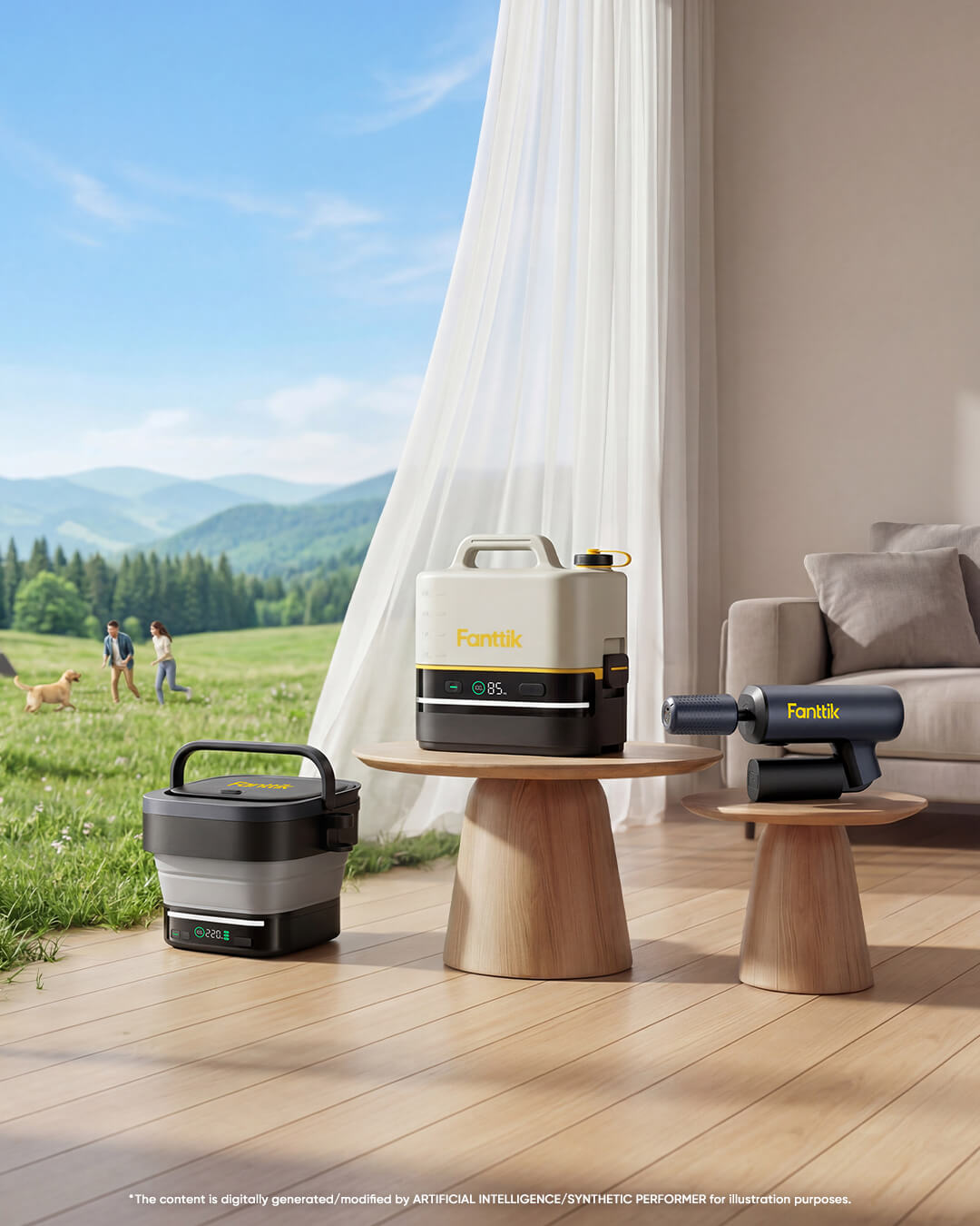 Fanttik brand pressure washers displayed on small wooden tables in a modern living room. The background features a large wall mural depicting a scenic outdoor camping landscape with a camper van, trees, and mountains.