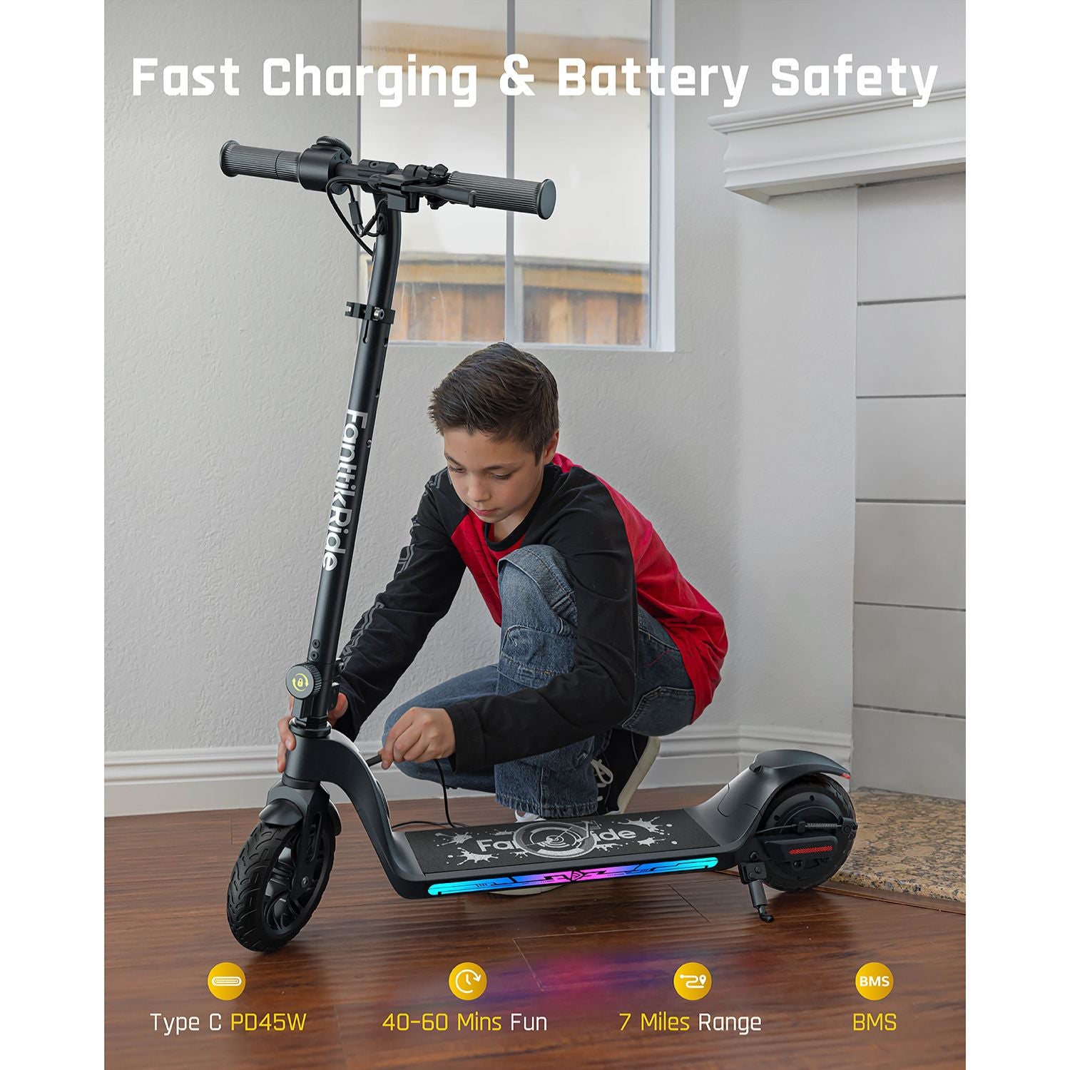 anttikRide T10 Apex Electric Scooter for Kids 4.3-5.6 ft 200W Motor, LED Colorful Lights with Bluetooth Music Speaker, 7/10/12 MPH Digital Display,45W Fast Charging, Foldable E-Scooter