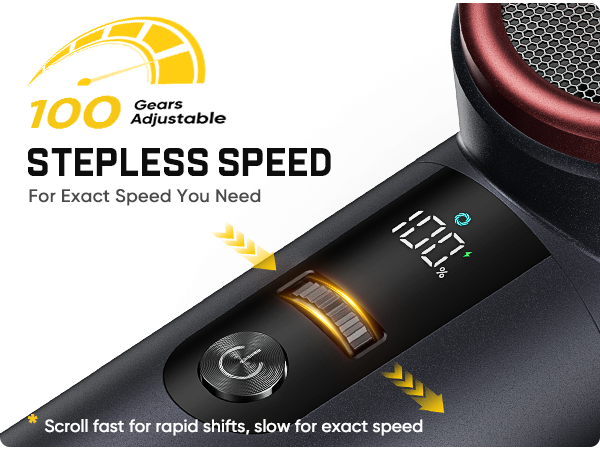 Close-up of a hFanttik B11 Pro Electric Air Duster showing a digital display reading 100 and a scroll control labeled for stepless speed, with marketing text and a yellow gear graphic on a white background.