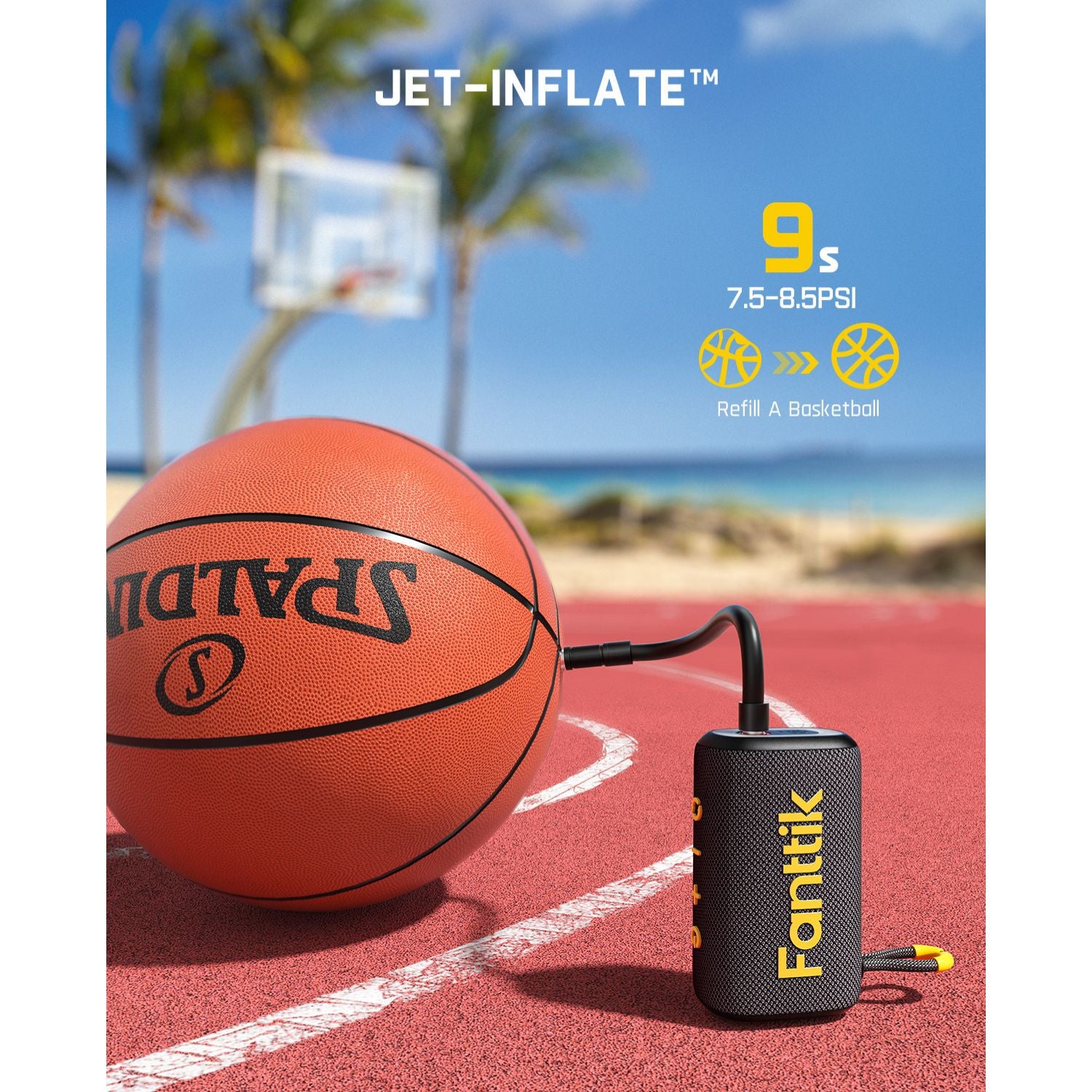 Fanttik X8 Nano Electric Ball Pump inflating a Spalding basketball in 20 seconds on an outdoor court