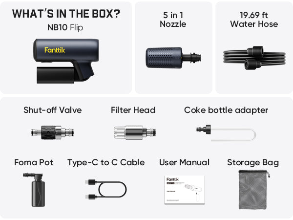 Fanttik NB10 Flip Portable Pressure Washer Gun, Foldable Cordless Pressure Washer Sprayer, Multi-Scenario Compatibility, 5-in-1 Nozzle, HD LED Display and Type-C Charging, for Patio, Camping, Bicycles
