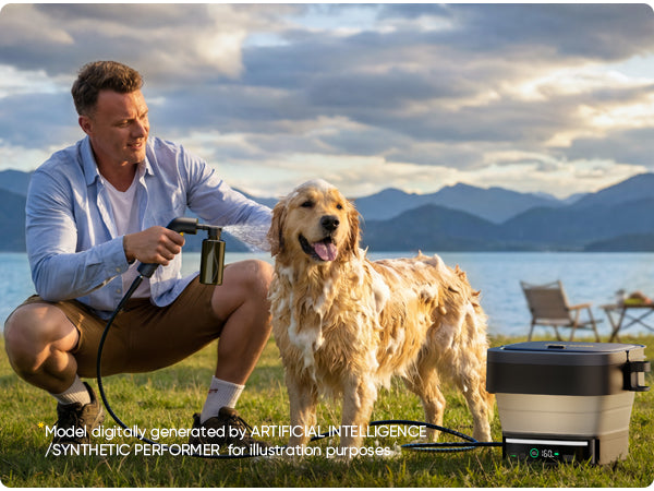 Man with a dog by a lake with a Fanttik NB10 Fold Cordless Electric Pressure Washer