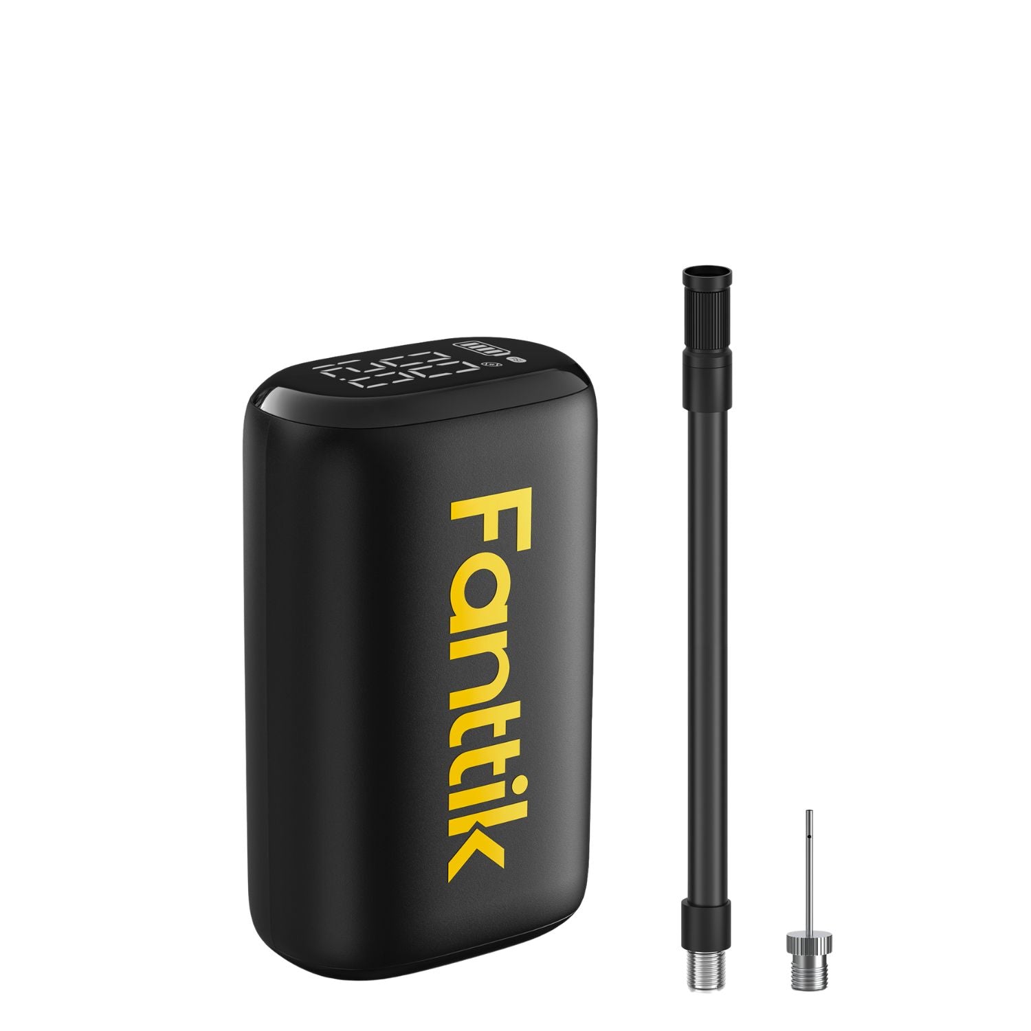 A Fanttik X9 Nano Electric Ball Pump with bold yellow 'Fanttik' branding, shown next to a black replacement mouthpiece and a small metal tip on a plain white background.