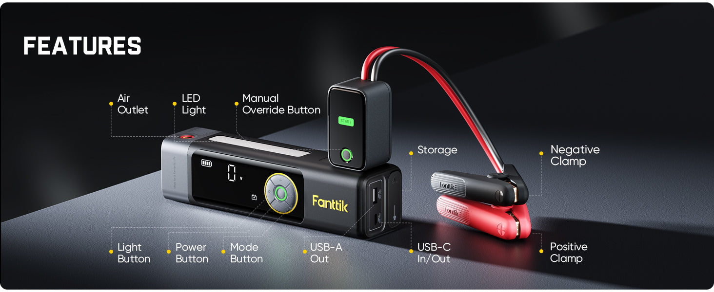 A Fanttik Beyond 10 Apex Jump Starter with Air Compressor and battery charger set shown on a dark studio background with labeled callouts for features such as air outlet, LED light, manual override button, storage, negative clamp, positive clamp, light button, power button, mode button, USB-A out, USB-C in/out.