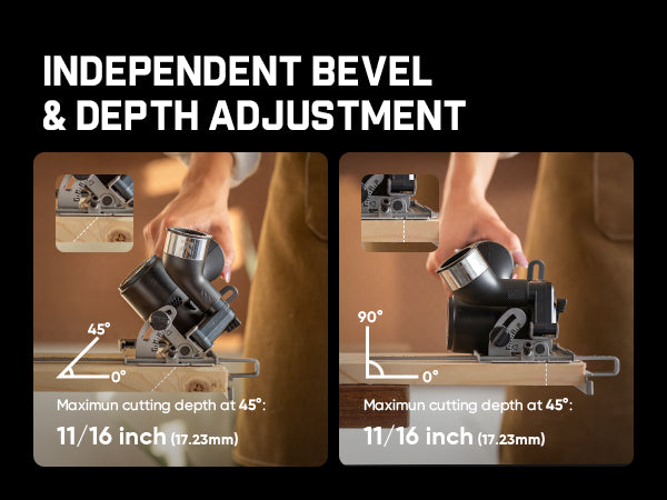 Promotional graphic for a Circular Saw showing two side-by-side demonstration panels with a person's hand adjusting the saw. The left panel shows a 45-degree bevel angle and maximum cutting depth of 11/16 inch.