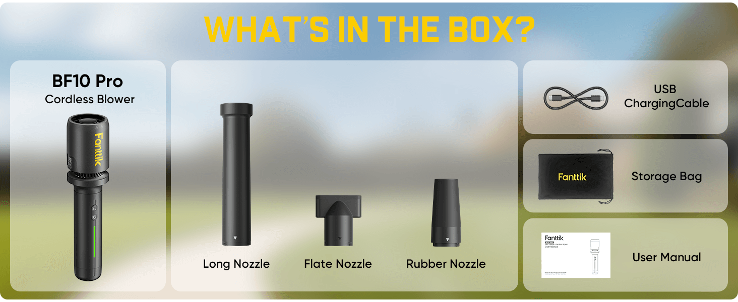Product packaging list for BF10 Pro Cordless Blower with components displayed.