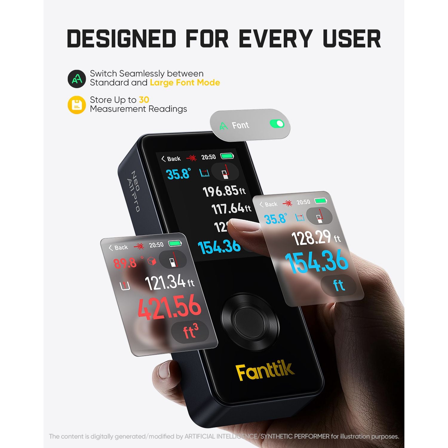 Fanttik A11 Pro laser measuring tool with large font mode and saved readings display