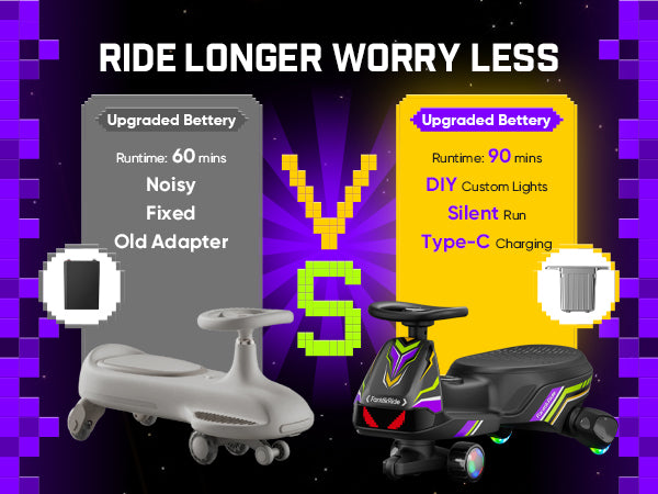 Promotional comparison graphic for a children's ride-on toy, showing a gray swivel ride-on on the left and a black custom ride-on on the right with text callouts about battery life, noise, lights, and charging. Large pixel-style 'VS' and headline 'RIDE LONGER WORRY LESS' appear over a purple and black background.