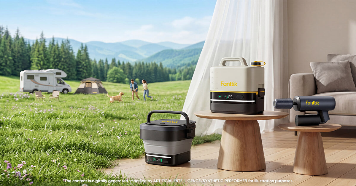 Fanttik brand pressure washers displayed on small wooden tables in a modern living room. The background features a large wall mural depicting a scenic outdoor camping landscape with a camper van, trees, and mountains.