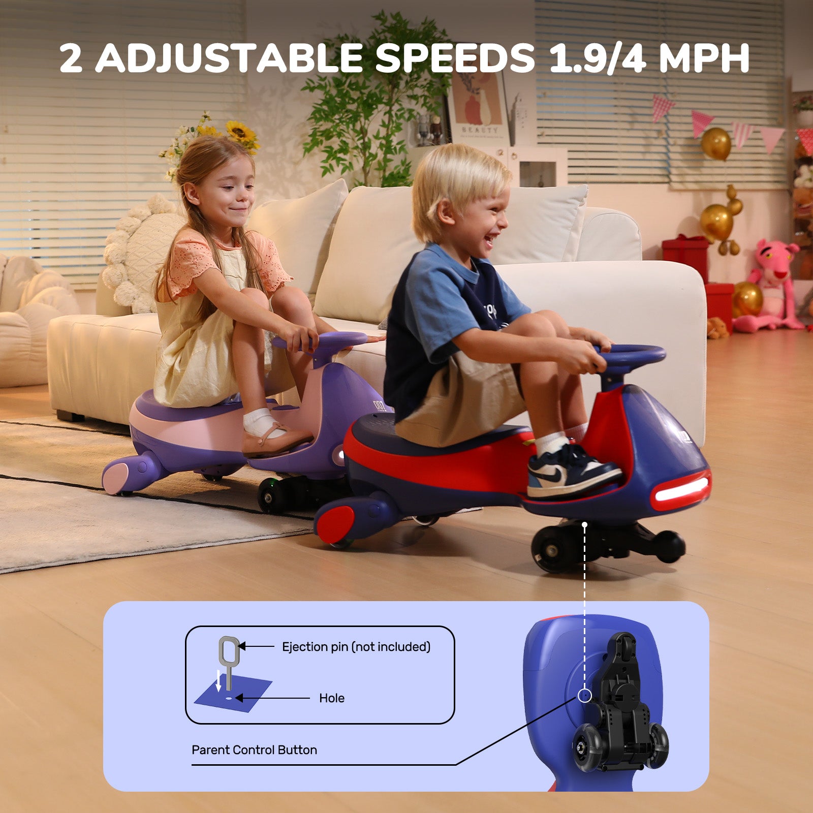 FanttikRide N7 Pro Electric Wiggle Car with Pedal, 12V Rechargeable Battery, 2 in 1 Swing Car, 2 Speed Ride On Toy, Anti-Rollover, Flashing Wheels, Bluetooth, Wiggle Car for 3 Years+, 150 Lbs